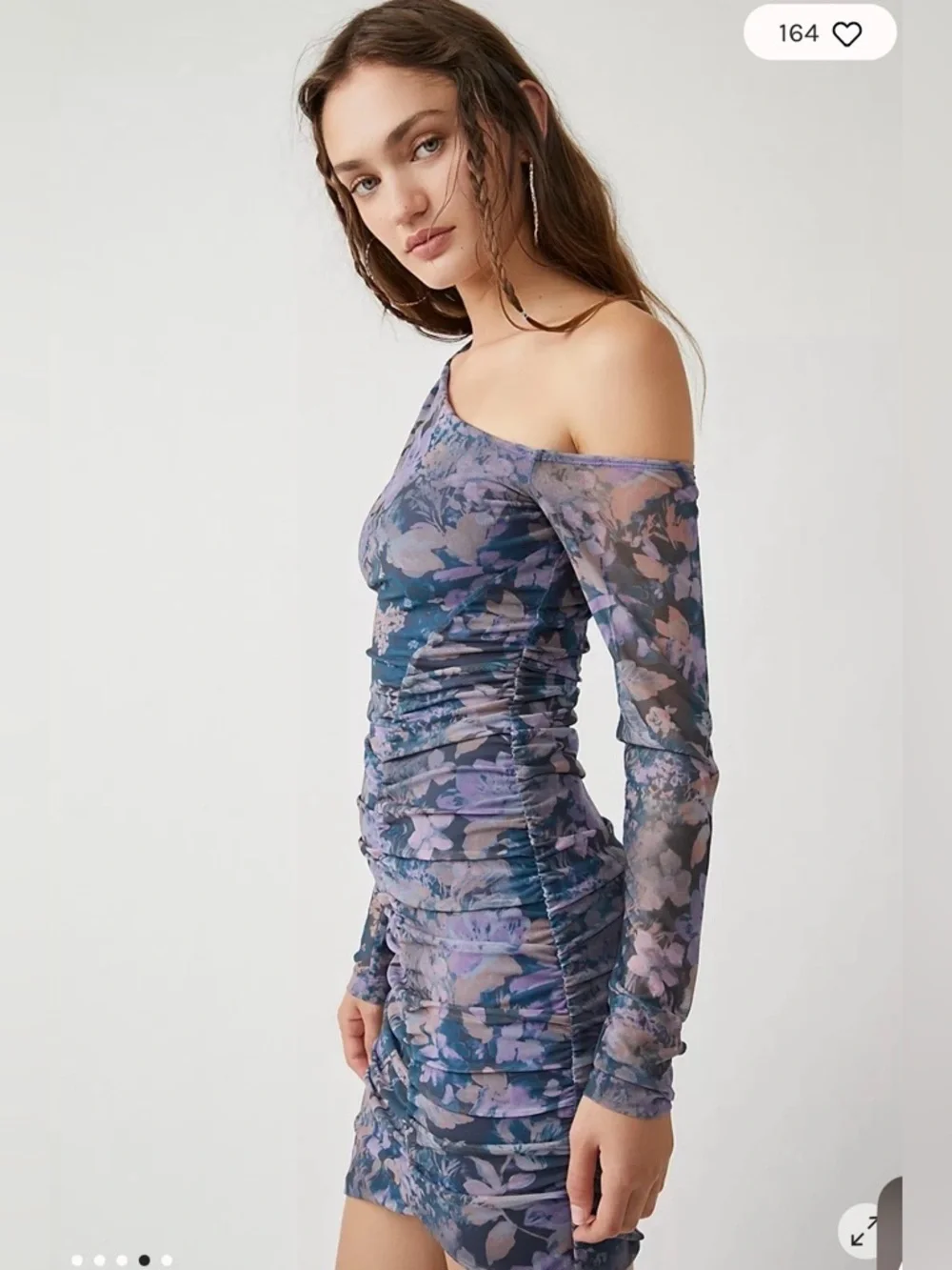 Free People Chloe One-Shoulder Floral Ruched Mesh Mini Dress - Blue & Purple